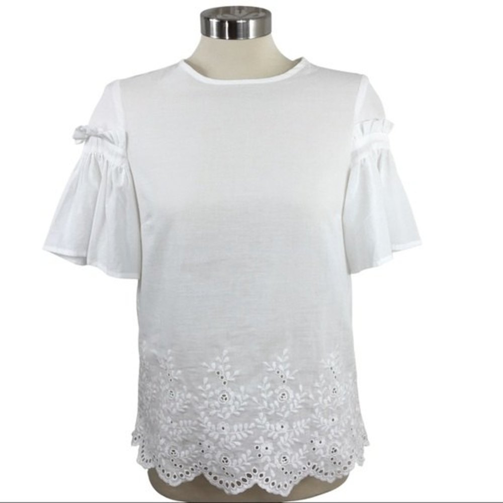 EUC H&M Cotton Poplin Ruffle Sleeve Embroidered Blouse 4